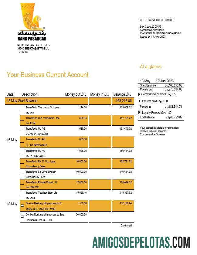 Realista Bank Pasargad Business Statement Modelo Word e PDF